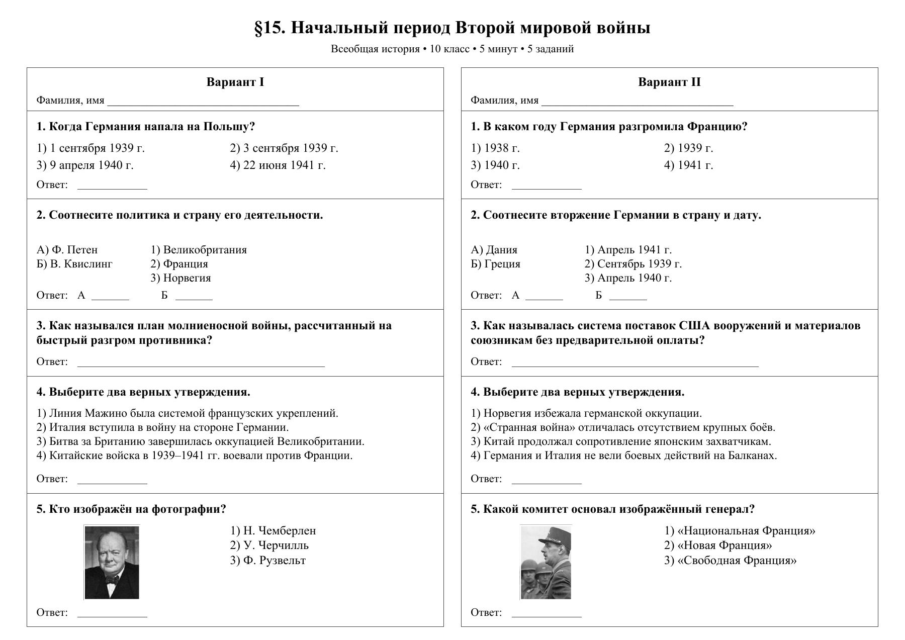 Начальный период Второй мировой войны — тест-пятиминутка