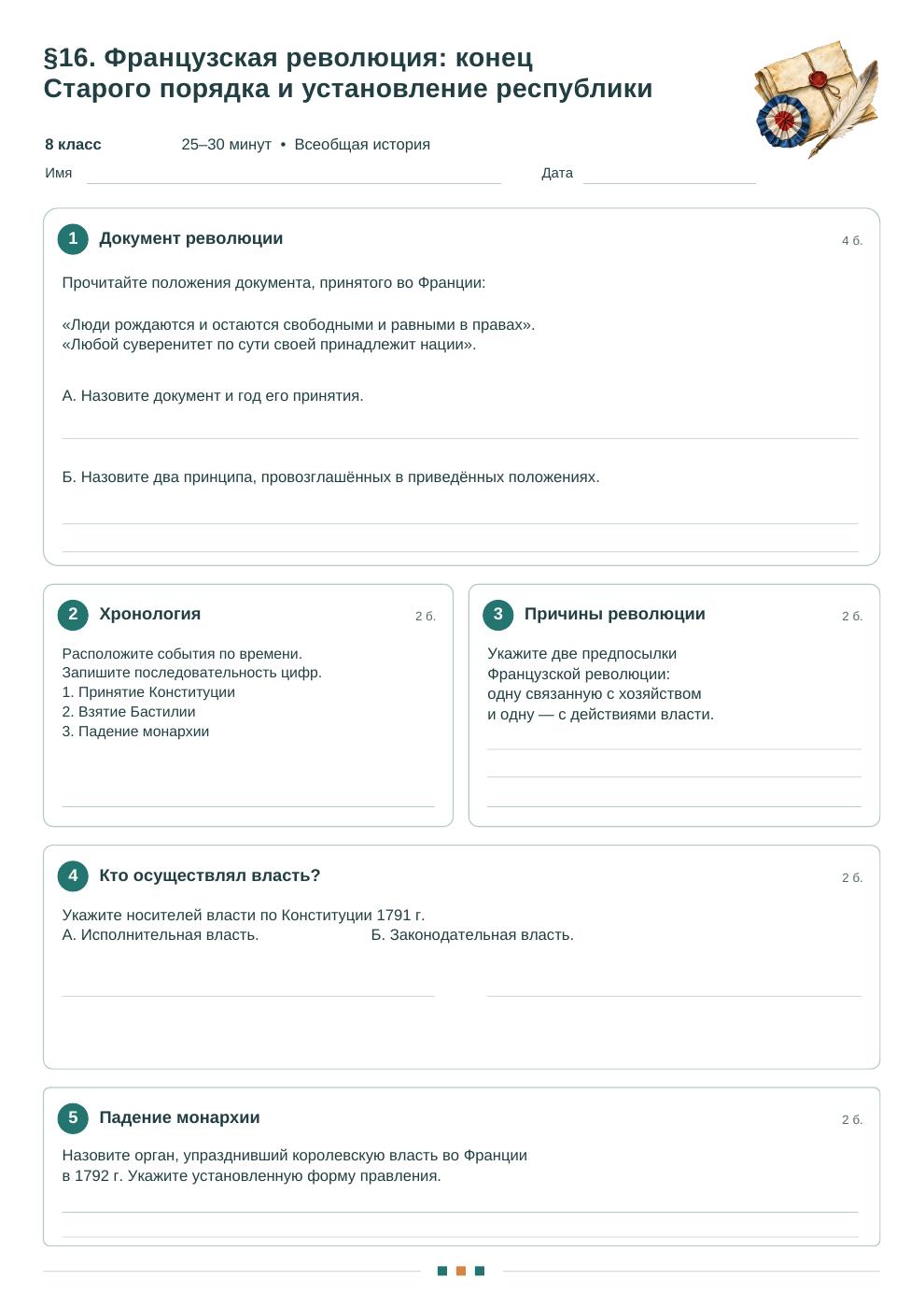 Французская революция: конец Старого порядка и установление республики — рабочий лист
