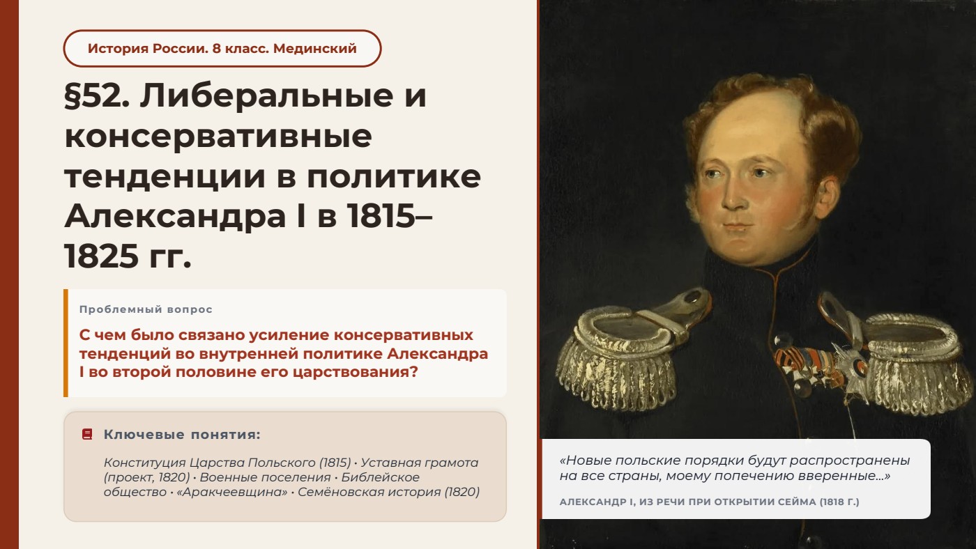 Либеральные и консервативные тенденции в политике Александра I в 1815–1825 гг. — полный комплект